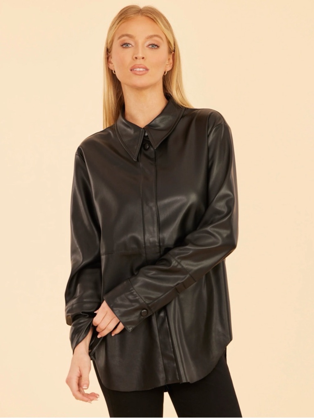Wildfox Black Faux Leather Button-Front Shirt Jacket